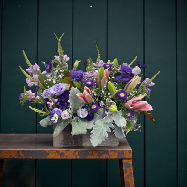 Purple Daze | Timber Box Filled with Fresh Flowers| Preserved Fleurs